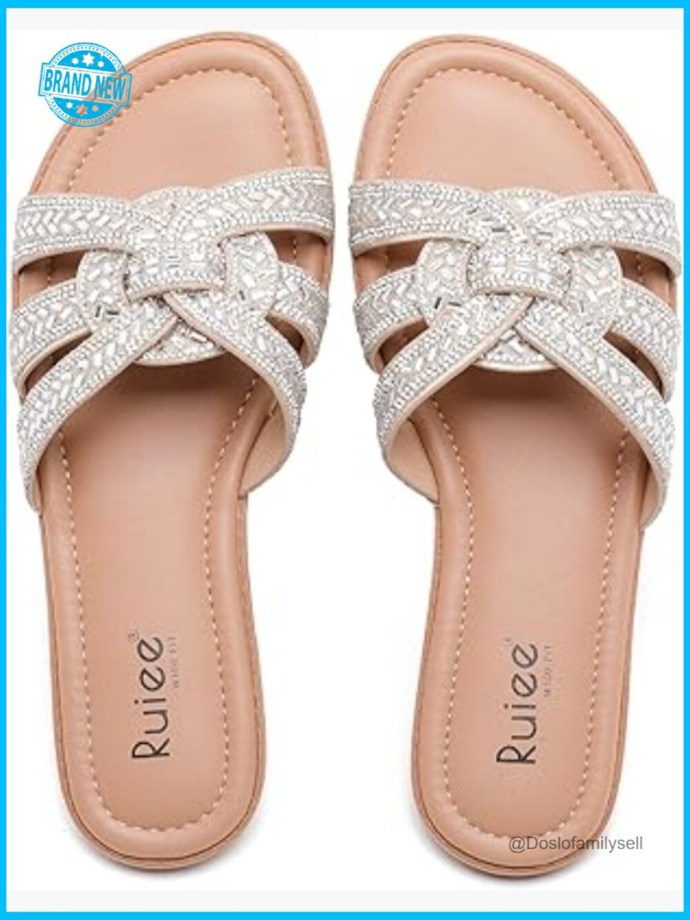 Wide Width Sparkly Diamond Flat Slide Sandals Comfortable Dressy Casual Summer